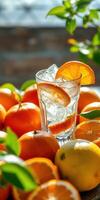 Refreshing citrus drink garnished with orange slices surrounded by fresh oranges and lemons in a bright setting photo