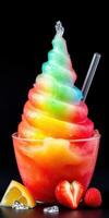 Colorful rainbow snow cone with fresh fruit and straw served in a clear cup photo