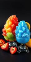 Colorful shaved ice desserts served in clear cups with fresh strawberries and banana slices on a dark background photo