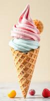 Colorful ice cream cone with pink and blue swirls topped with a wafer on a light background photo