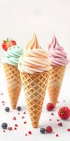 Colorful ice cream cones with fruity flavors in a bright setting decorated with fresh berries photo