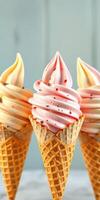 Delicious soft serve ice cream cones in three flavors displayed on a countertop photo