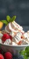 Delicious dessert featuring whipped cream, meringue, and fresh raspberries served in a white bowl photo