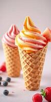 Delicious soft serve ice cream cones with fruity flavors displayed on a neutral background photo