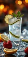 Refreshing cocktail with lime and mint, served over ice with strawberries and citrus photo