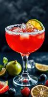 Vibrant cocktail garnished with lime and strawberries served in a glass with ice on a dark background photo