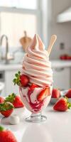 Delicious strawberry swirl soft serve dessert with fresh strawberries in a cozy kitchen setting photo