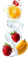 Slices of fruit and ice cubes create a splash as they fall into a refreshing drink photo