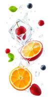 Fresh fruit splashes in ice cubes create a vibrant summer drink experience in a bright, playful arrangement photo
