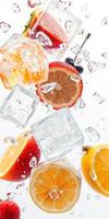 Refreshing fruit and ice splash captured in vibrant detail during a summer beverage preparation photo