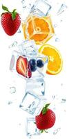 Fresh fruit slices and ice cubes arranged in a refreshing display for summer drinks photo