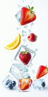 Fresh strawberries and blueberries with ice cubes and lemon slices create a refreshing summer drink atmosphere photo