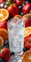 Refreshing drink surrounded by vibrant fruits in a colorful display on a bright surface photo