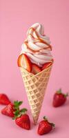 Delicious strawberry swirl ice cream cone with fresh strawberries on a pastel pink background photo