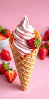 Delicious strawberry swirl soft serve in a crispy waffle cone with fresh strawberries on a pink backdrop photo