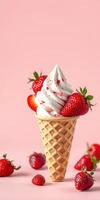 Soft serve ice cream topped with fresh strawberries in a waffle cone against a pastel pink background photo