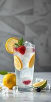 Refreshing lemonade with raspberries and mint on a marble table surrounded by lemons and ice cubes photo