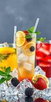 Refreshing summer cocktails with vibrant fruits and ice in a colorful display photo