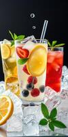 Refreshing summer drinks with fruits and ice served on a cool surface for a vibrant beverage display photo