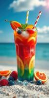 Colorful tropical drink garnished with fruit on a beach during a sunny day photo