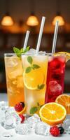 Refreshing summer drinks with citrus, mint, and berries served over ice in a cozy bar setting photo