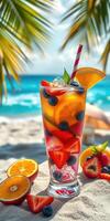 Refreshing summer cocktail with fruits on the beach at a sunny seaside location photo