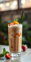 Refreshing iced drink topped with fruit and mint leaves in a cozy cafe setting photo