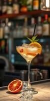 Refreshing cocktail served in elegant glass with citrus garnishes at a vibrant bar in the evening photo
