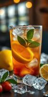 Refreshing iced tea with lemon and mint garnished with fresh ingredients in a cozy setting photo