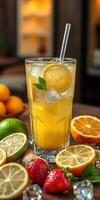 refrescante agrios bebida con mezclado frutas en un acogedor interior ajuste durante tarde tarde foto