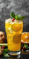 Refreshing cocktail with citrus and mint served in a tall glass against a dark backdrop photo