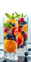Refreshing fruit-infused drinks served in clear glasses with vibrant berries and citrus slices photo