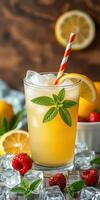 Refreshing drink with citrus and berries garnished with mint served on a wooden table photo