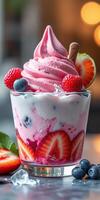 Delicious dessert featuring pink soft serve and fresh fruit served in a clear glass at a cafe photo