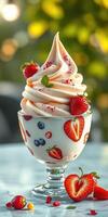 Delightful strawberry and cream dessert served in a decorative glass bowl amidst a lush outdoor setting photo