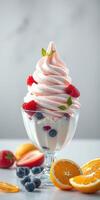 Treat yourself with delightful soft serve ice cream topped with fresh berries and citrus slices on a bright surface photo