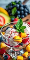 Colorful dessert bowl with ice cream, berries, and tropical fruits, perfect for a refreshing summer treat or gathering photo