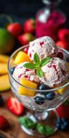 Colorful dessert bowl filled with ice cream and fresh fruits on a wooden table photo