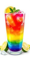 Refreshing rainbow drink served with ice and citrus garnishes on a bright background photo