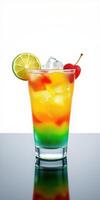 Colorful layered cocktail with lime and cherry garnishes served in a glass photo