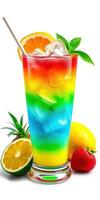 Refreshing rainbow drink with fruit garnishes served in a tall glass on a bright surface photo