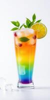 Colorful rainbow drink with ice and citrus garnishes in a tall glass photo