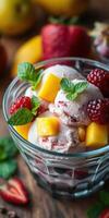 Fresh fruit dessert with berries and mint in a glass bowl against a wooden background photo