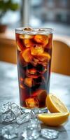 Refreshing cold drink with ice and lemon served in a tall glass in a bright setting during the day photo