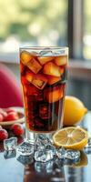 Refreshing glass of cold beverage with lemon and ice featuring vibrant tomatoes on a wooden table photo