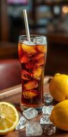 Refreshing iced tea served with fresh lemon slices and ice cubes in a cozy setting photo