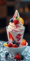 Delicious dessert featuring creamy swirls topped with fresh berries and citrus served in a clear cup photo