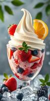 Delicious parfait dessert with strawberries, blueberries, and whipped cream served in a glass photo
