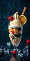 Deliciously layered fruit sundae with creamy swirl and fresh berries ready to be enjoyed at a dessert cafe photo