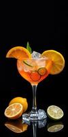 Refreshing citrus cocktail with ice and garnishes in a glass on a dark background photo